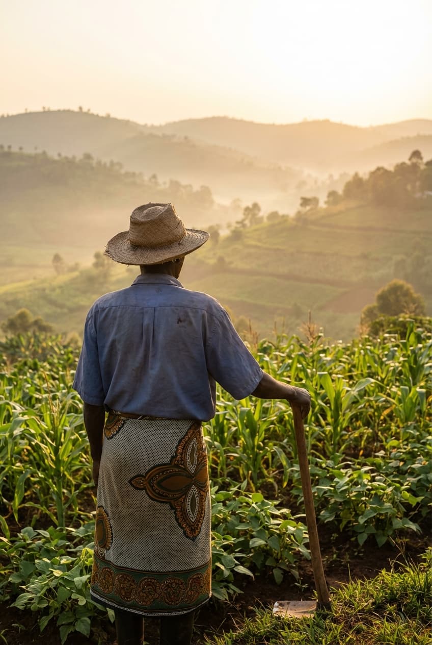 Farmer at sunset in field